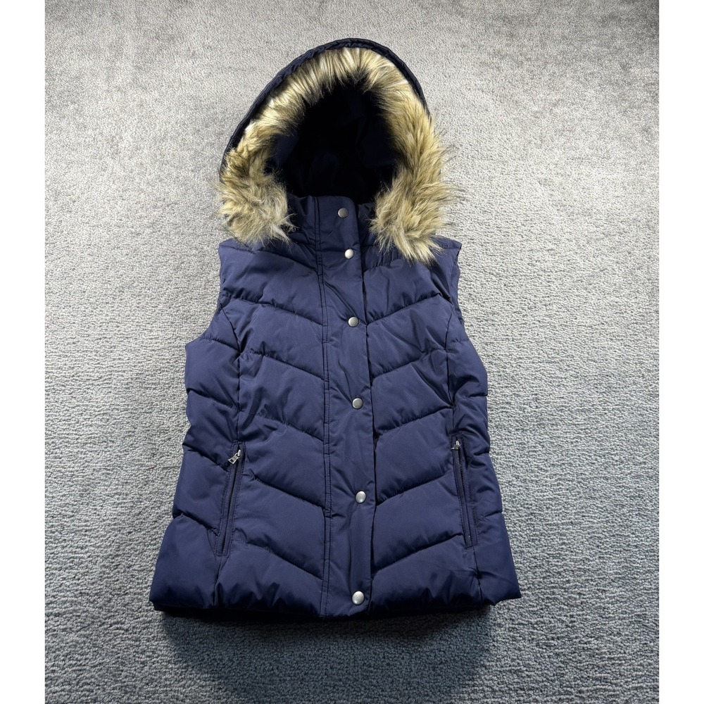 Gap Outdoor Edition Navy Puffer Vest Removable Faux Fur Hood XS Quilted